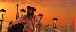 Screenshot fra et børneprogram på DR med Onkel Reje. Onkel Reje som sørøver på et skib.