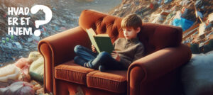 En dreng sidder og læser en bog i en flot sofa, som er placeret midt på en losseplads med bunker af skrald omkring sofaen så langt øjet rækker. I øverste venstre hjørne er der et logo for workshoppen "Hvad er et hjem?"