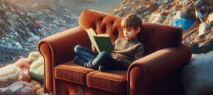 En dreng sidder og læser en bog i en flot sofa, som er placeret midt på en losseplads med bunker af skrald omkring sofaen så langt øjet rækker